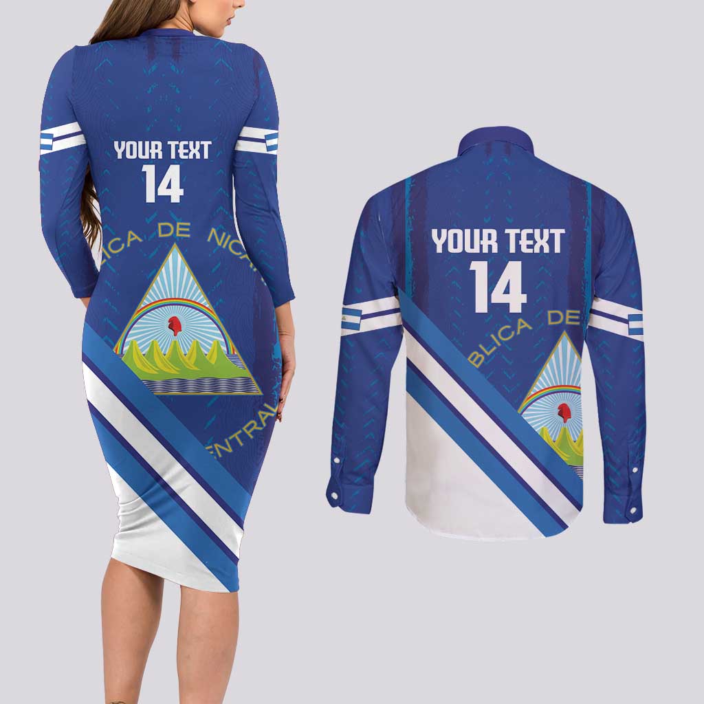 Custom Nicaragua Football Couples Matching Long Sleeve Bodycon Dress and Long Sleeve Button Shirt Vamos Los Pinoleros