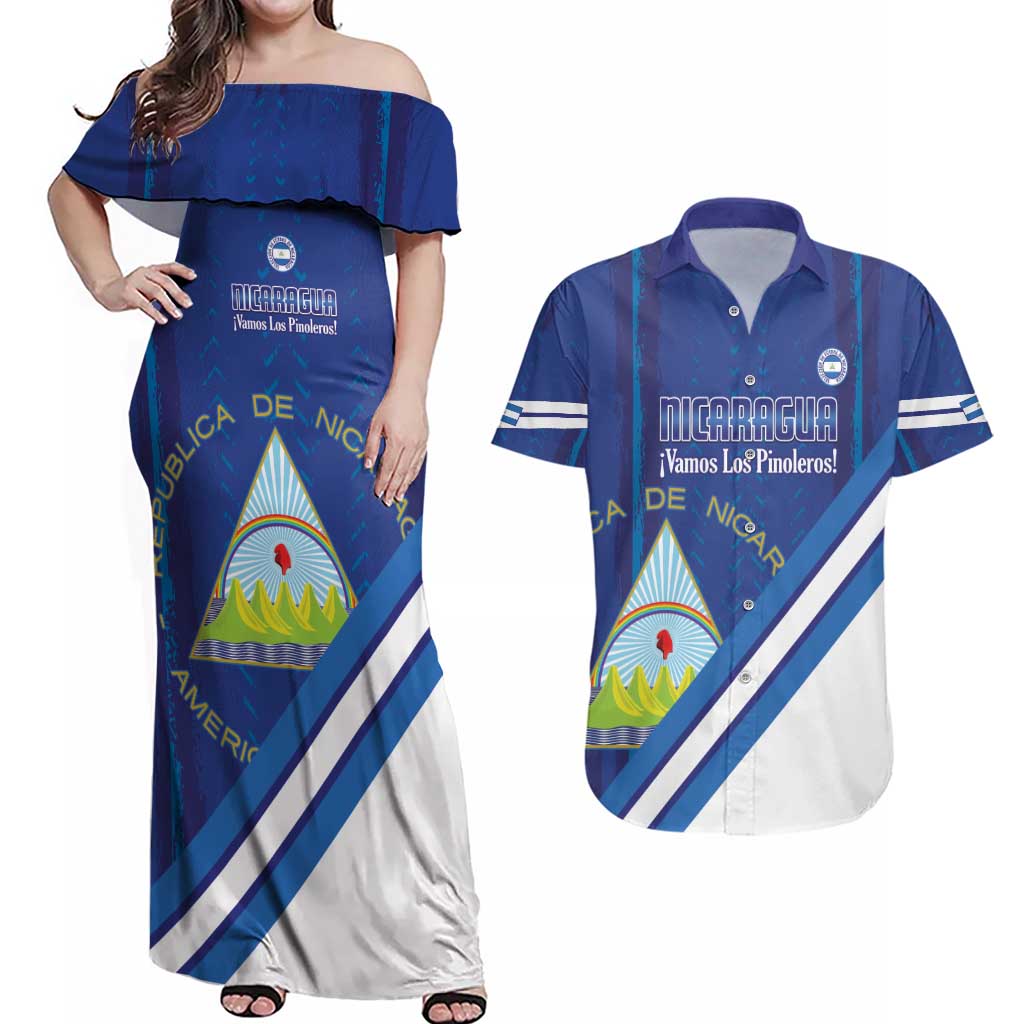 Custom Nicaragua Football Couples Matching Off Shoulder Maxi Dress and Hawaiian Shirt Vamos Los Pinoleros