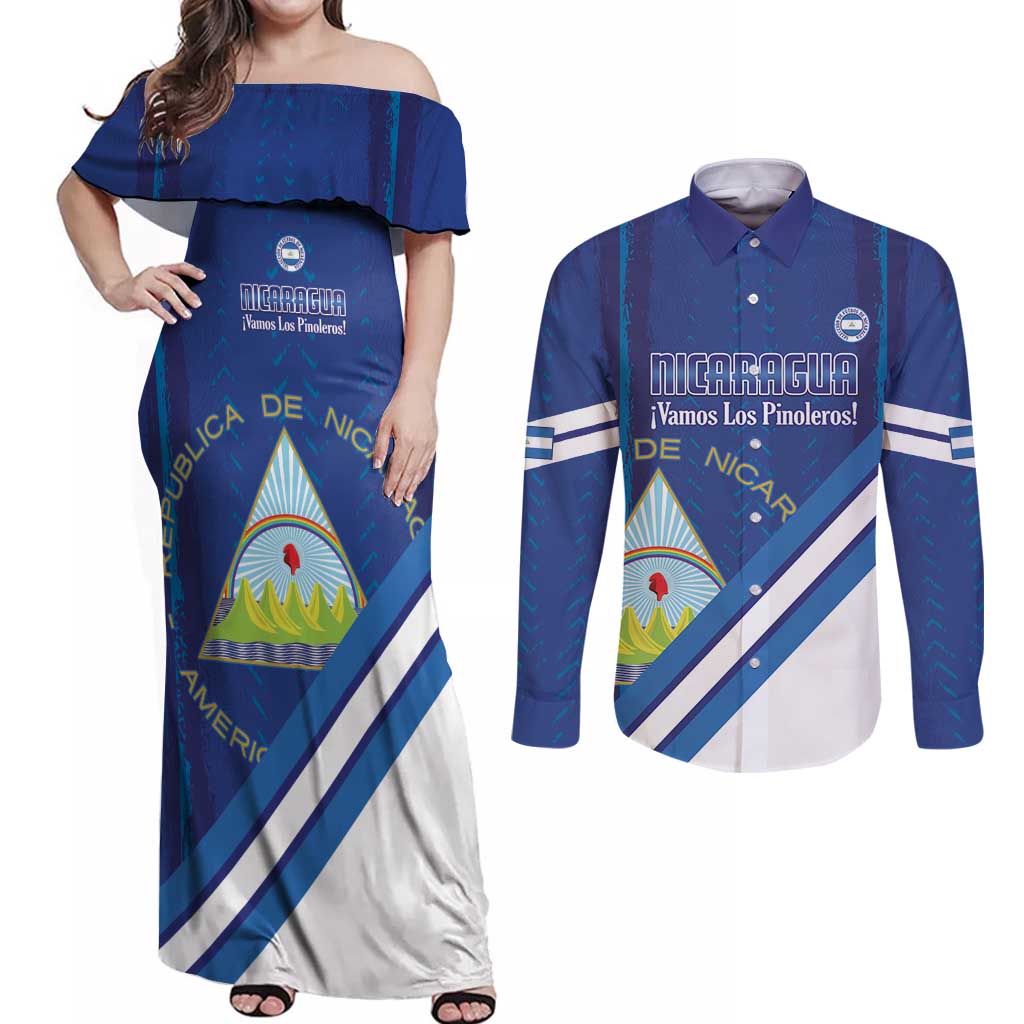 Custom Nicaragua Football Couples Matching Off Shoulder Maxi Dress and Long Sleeve Button Shirt Vamos Los Pinoleros