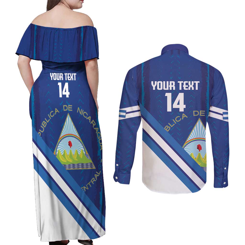 Custom Nicaragua Football Couples Matching Off Shoulder Maxi Dress and Long Sleeve Button Shirt Vamos Los Pinoleros