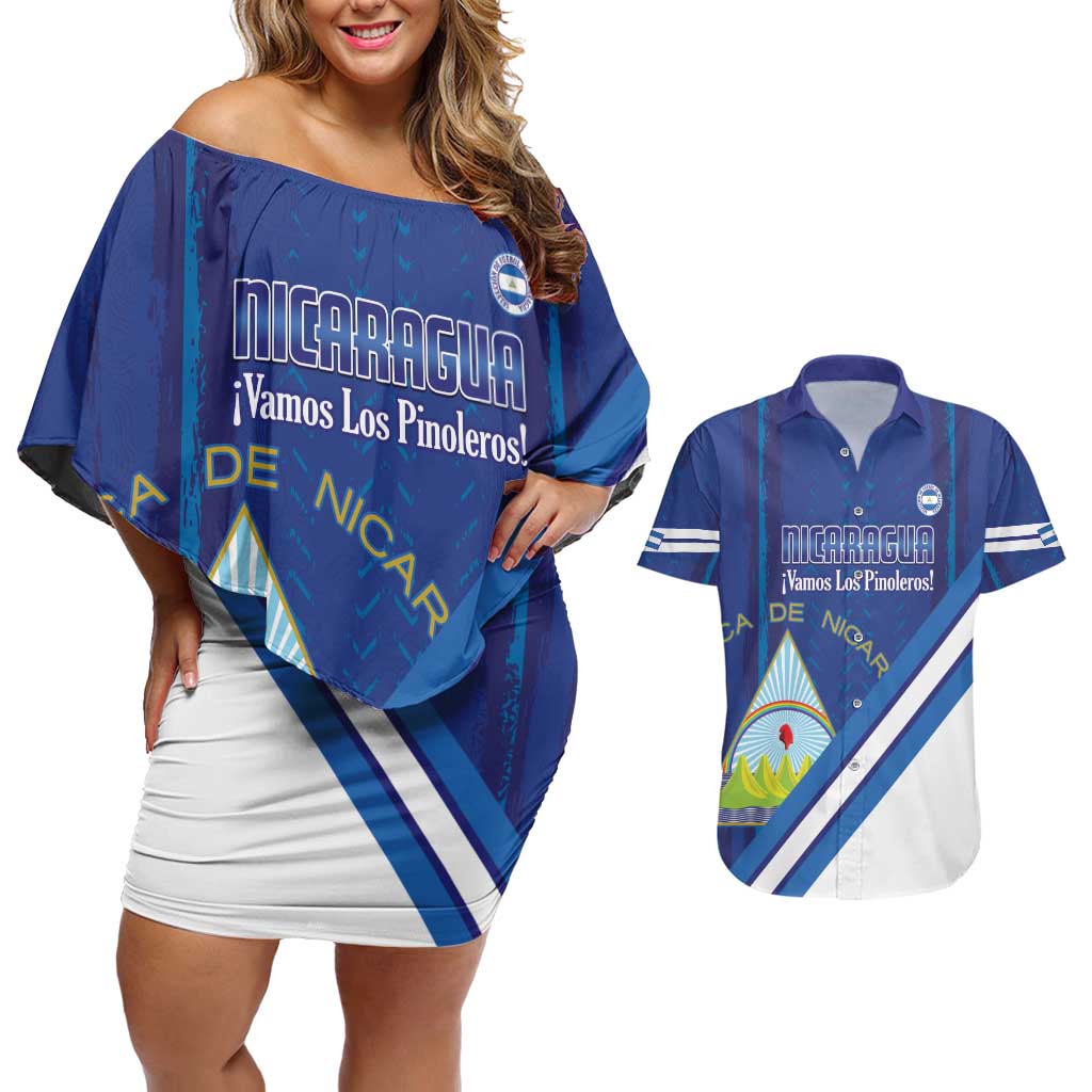 Custom Nicaragua Football Couples Matching Off Shoulder Short Dress and Hawaiian Shirt Vamos Los Pinoleros