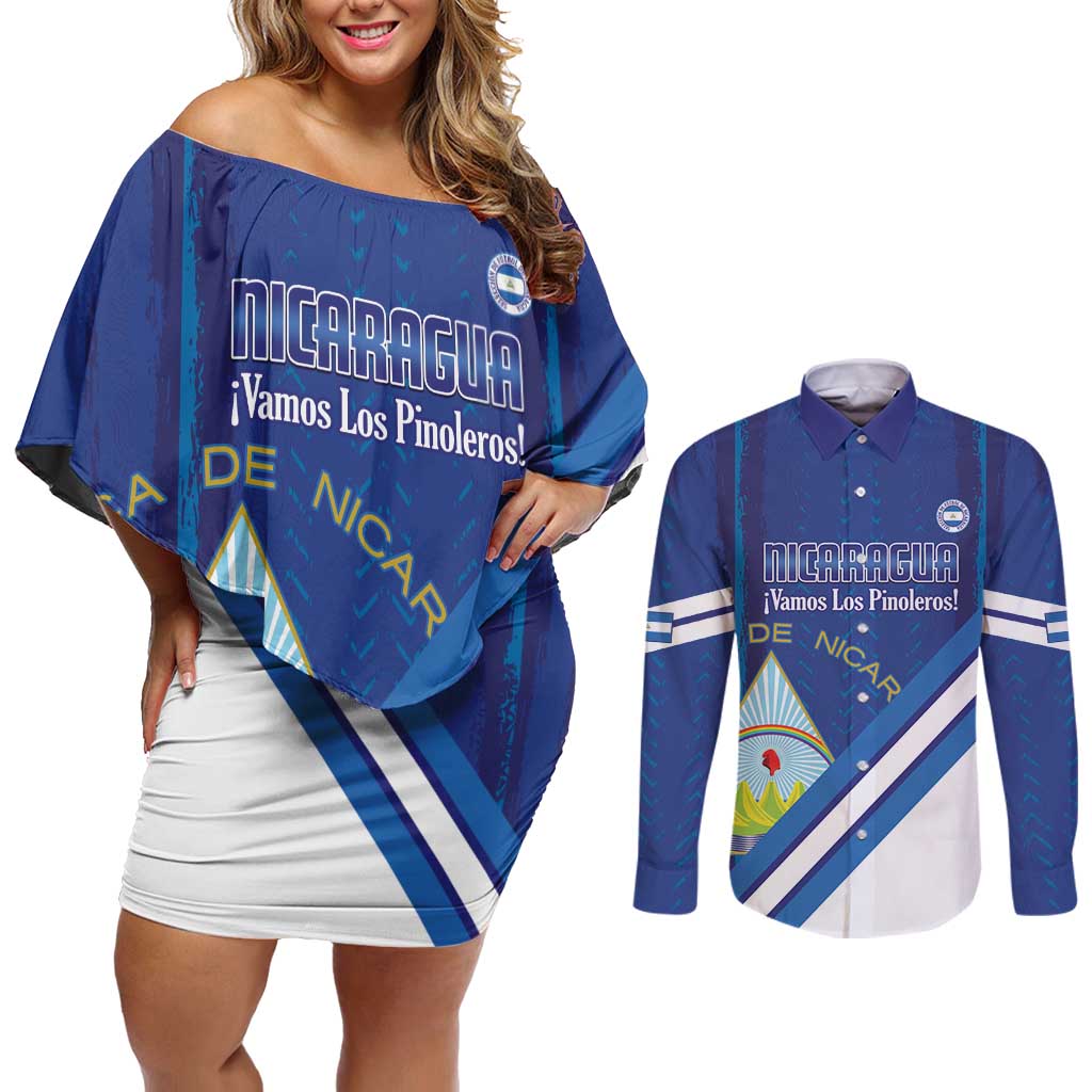 Custom Nicaragua Football Couples Matching Off Shoulder Short Dress and Long Sleeve Button Shirt Vamos Los Pinoleros