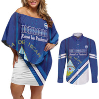 Custom Nicaragua Football Couples Matching Off Shoulder Short Dress and Long Sleeve Button Shirt Vamos Los Pinoleros