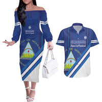 Custom Nicaragua Football Couples Matching Off The Shoulder Long Sleeve Dress and Hawaiian Shirt Vamos Los Pinoleros