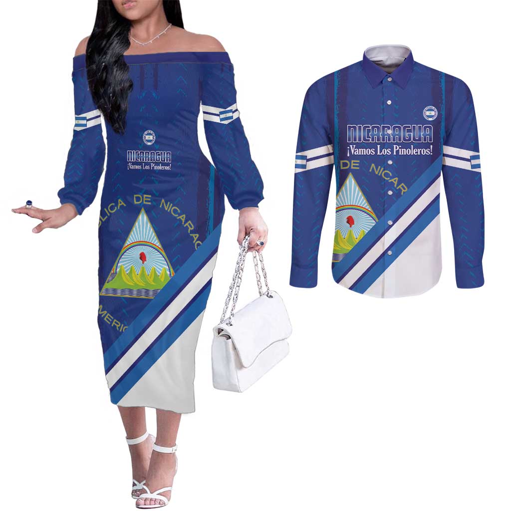 Custom Nicaragua Football Couples Matching Off The Shoulder Long Sleeve Dress and Long Sleeve Button Shirt Vamos Los Pinoleros