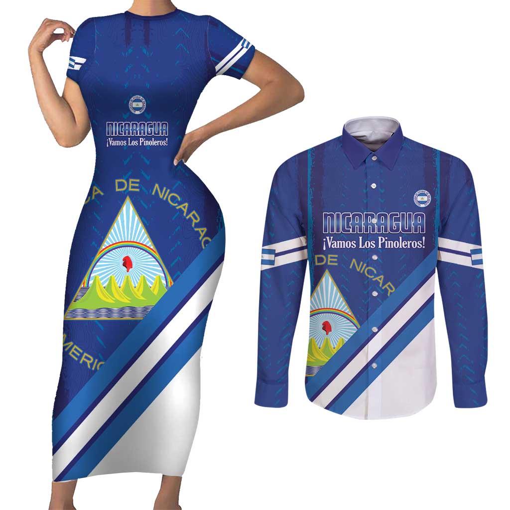Custom Nicaragua Football Couples Matching Short Sleeve Bodycon Dress and Long Sleeve Button Shirt Vamos Los Pinoleros
