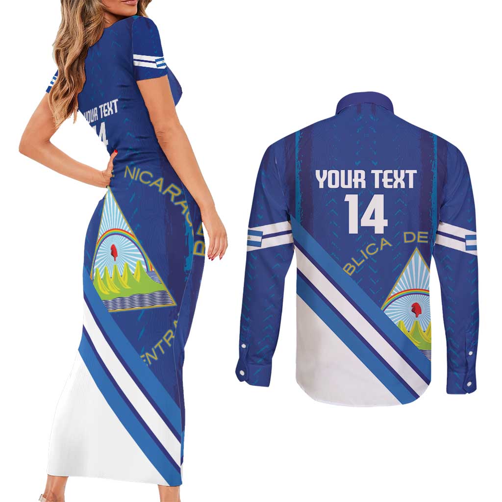 Custom Nicaragua Football Couples Matching Short Sleeve Bodycon Dress and Long Sleeve Button Shirt Vamos Los Pinoleros