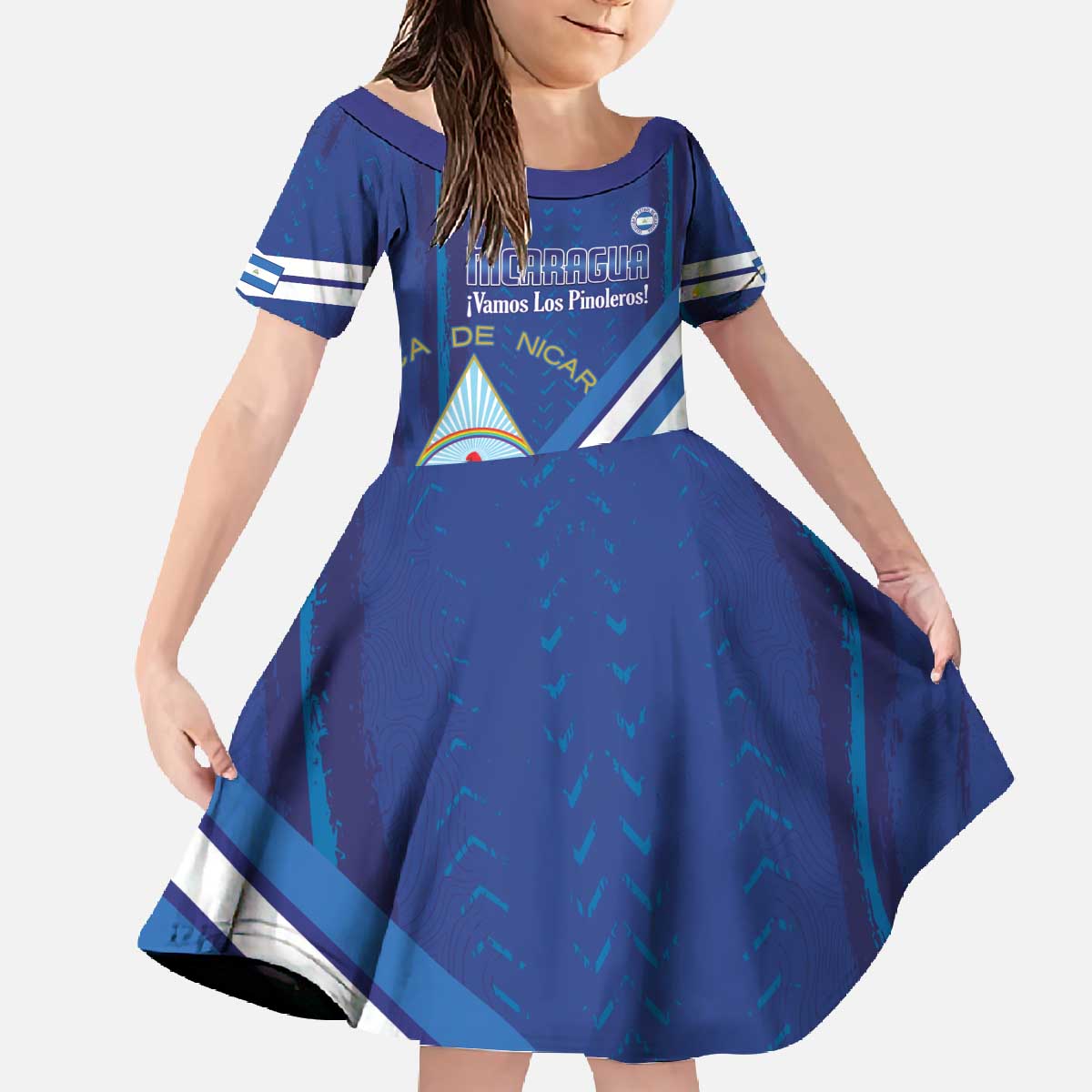 Custom Nicaragua Football Family Matching Off The Shoulder Long Sleeve Dress and Hawaiian Shirt Vamos Los Pinoleros