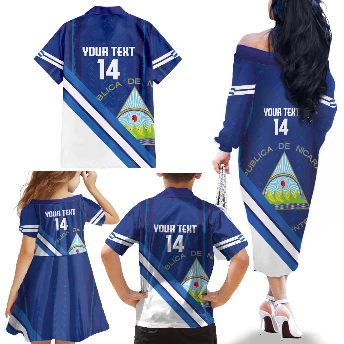 Custom Nicaragua Football Family Matching Off The Shoulder Long Sleeve Dress and Hawaiian Shirt Vamos Los Pinoleros