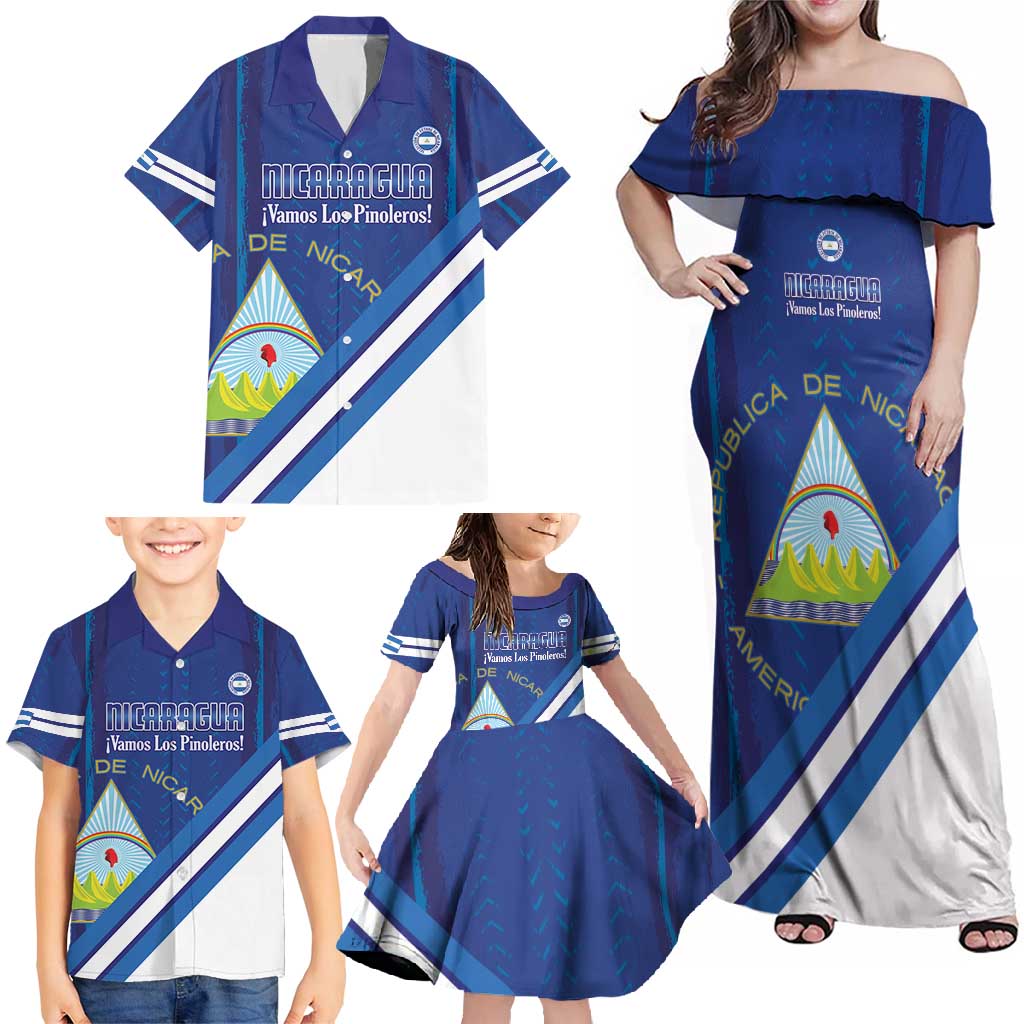 Custom Nicaragua Football Family Matching Off Shoulder Maxi Dress and Hawaiian Shirt Vamos Los Pinoleros