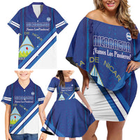 Custom Nicaragua Football Family Matching Off Shoulder Short Dress and Hawaiian Shirt Vamos Los Pinoleros