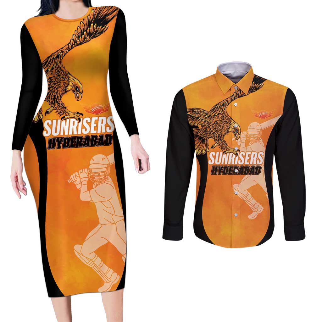 Custom Hyderabad India Cricket Couples Matching Long Sleeve Bodycon Dress and Long Sleeve Button Shirt Go Sunrisers Eagle