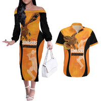 Custom Hyderabad India Cricket Couples Matching Off The Shoulder Long Sleeve Dress and Hawaiian Shirt Go Sunrisers Eagle
