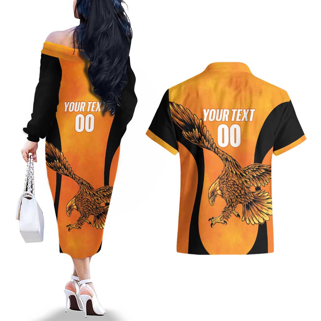 Custom Hyderabad India Cricket Couples Matching Off The Shoulder Long Sleeve Dress and Hawaiian Shirt Go Sunrisers Eagle
