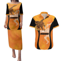 Custom Hyderabad India Cricket Couples Matching Puletasi and Hawaiian Shirt Go Sunrisers Eagle