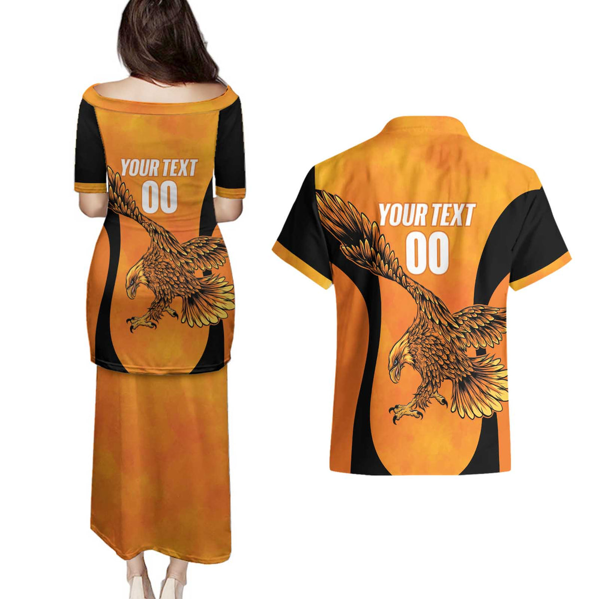 Custom Hyderabad India Cricket Couples Matching Puletasi and Hawaiian Shirt Go Sunrisers Eagle