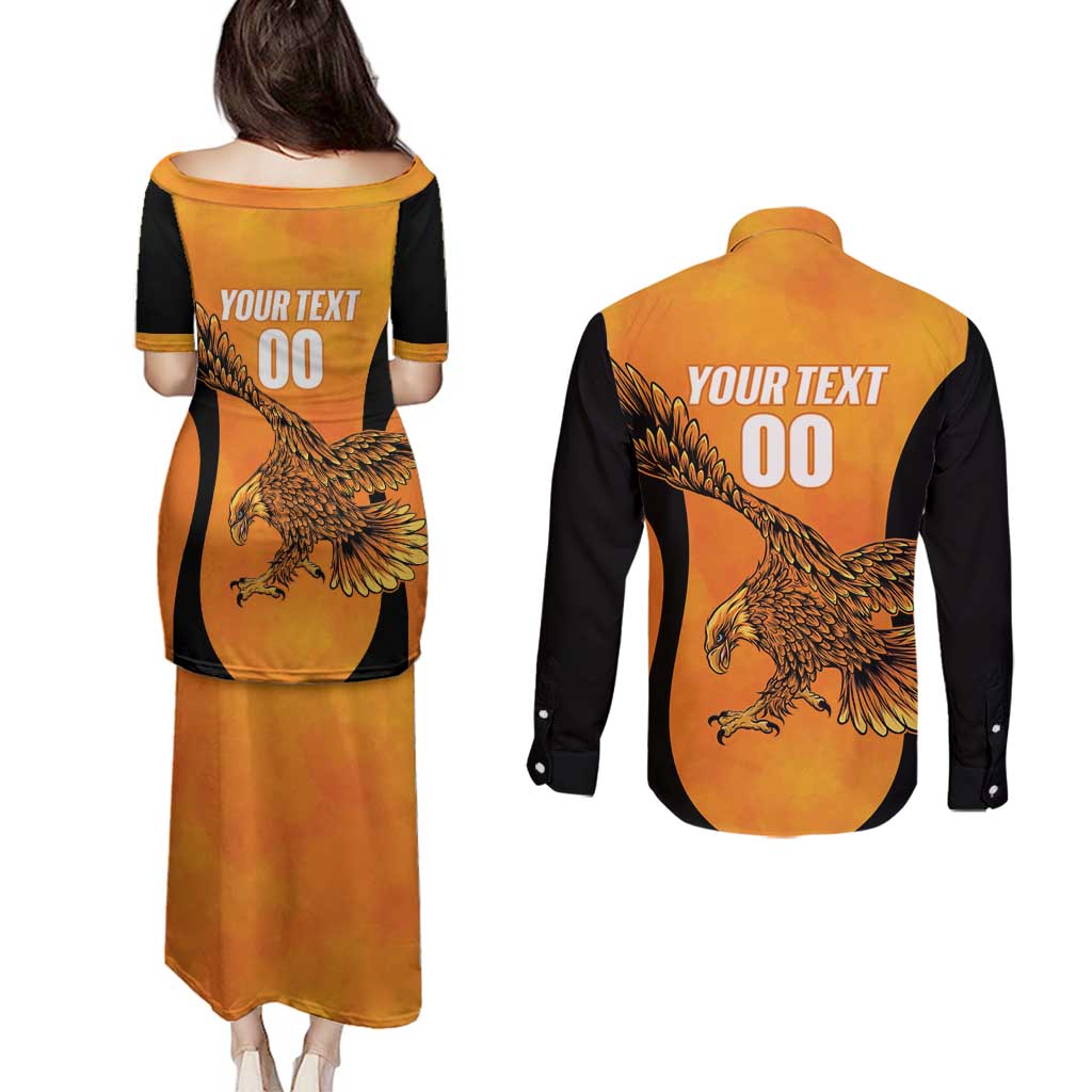 Custom Hyderabad India Cricket Couples Matching Puletasi and Long Sleeve Button Shirt Go Sunrisers Eagle