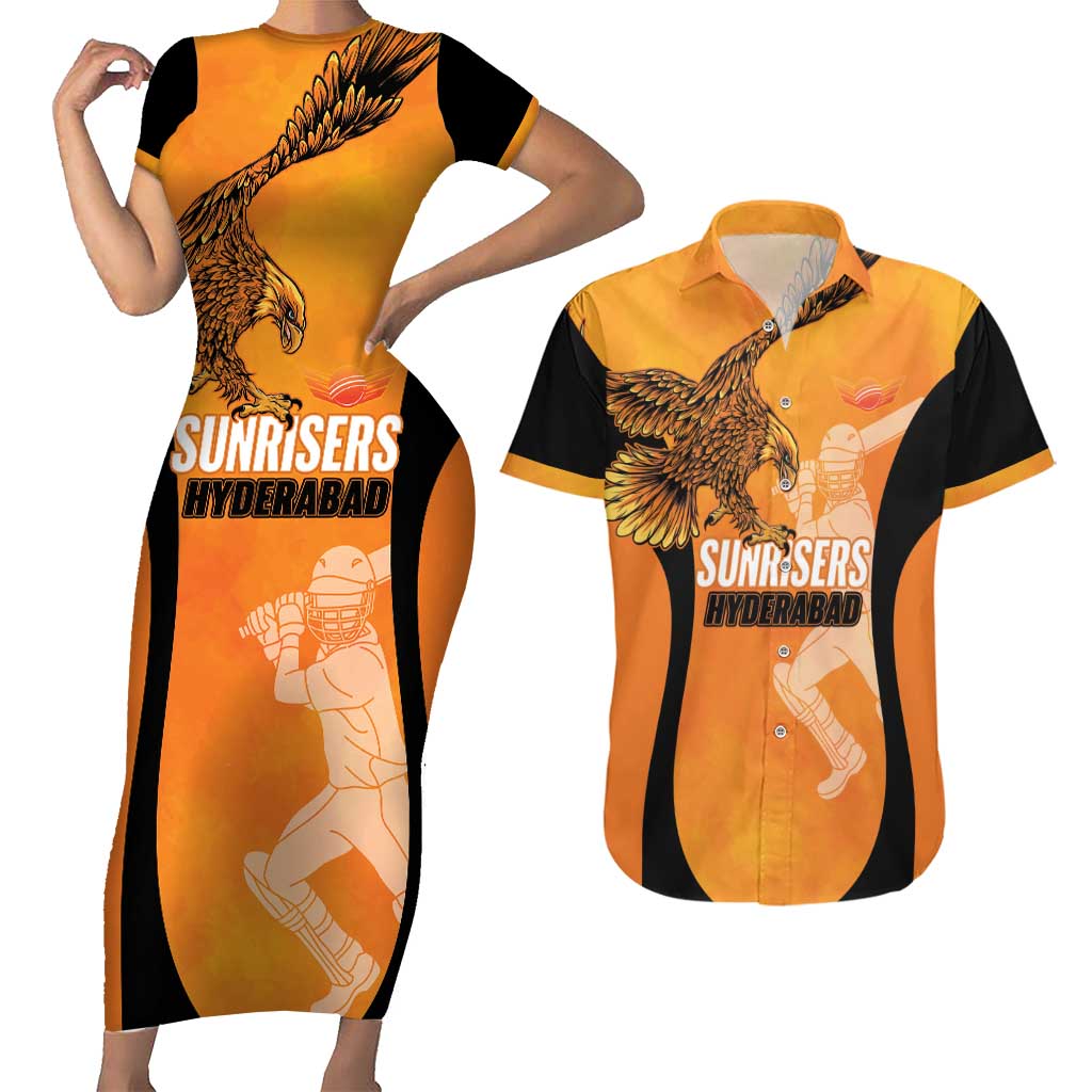 Custom Hyderabad India Cricket Couples Matching Short Sleeve Bodycon Dress and Hawaiian Shirt Go Sunrisers Eagle