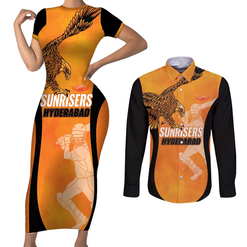 Custom Hyderabad India Cricket Couples Matching Short Sleeve Bodycon Dress and Long Sleeve Button Shirt Go Sunrisers Eagle