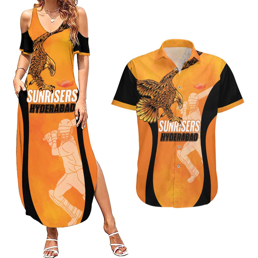 Custom Hyderabad India Cricket Couples Matching Summer Maxi Dress and Hawaiian Shirt Go Sunrisers Eagle