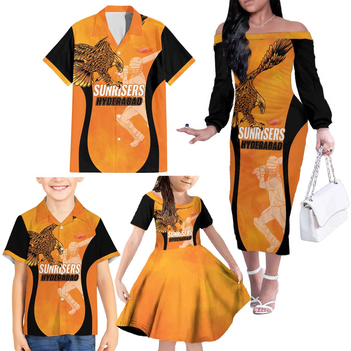 Custom Hyderabad India Cricket Family Matching Off The Shoulder Long Sleeve Dress and Hawaiian Shirt Go Sunrisers Eagle