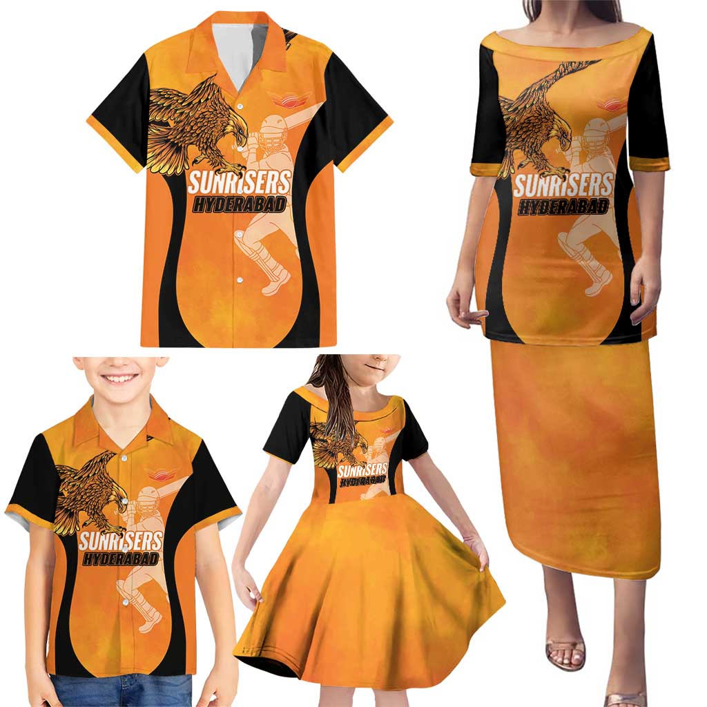 Custom Hyderabad India Cricket Family Matching Puletasi and Hawaiian Shirt Go Sunrisers Eagle