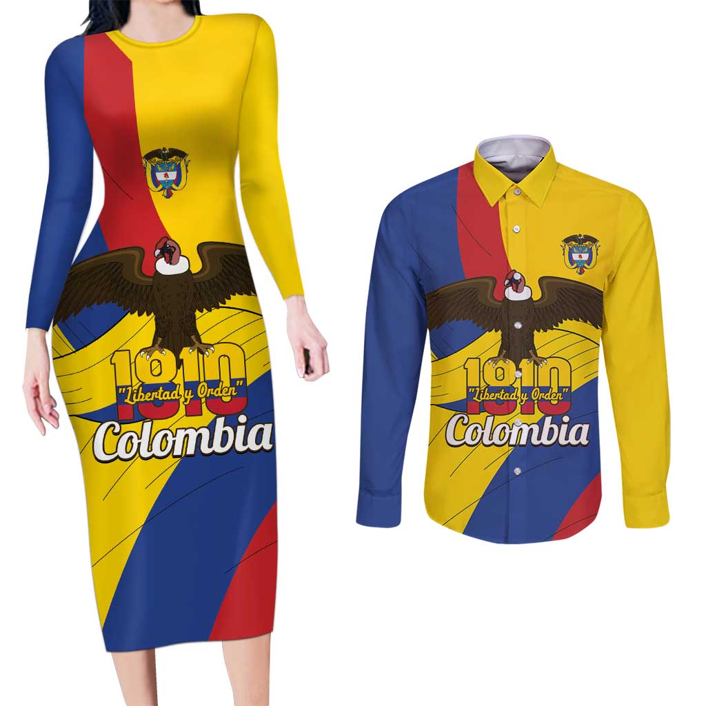 Personalised Colombia Independence Day Couples Matching Long Sleeve Bodycon Dress and Long Sleeve Button Shirt 1810 Libertad y Orden