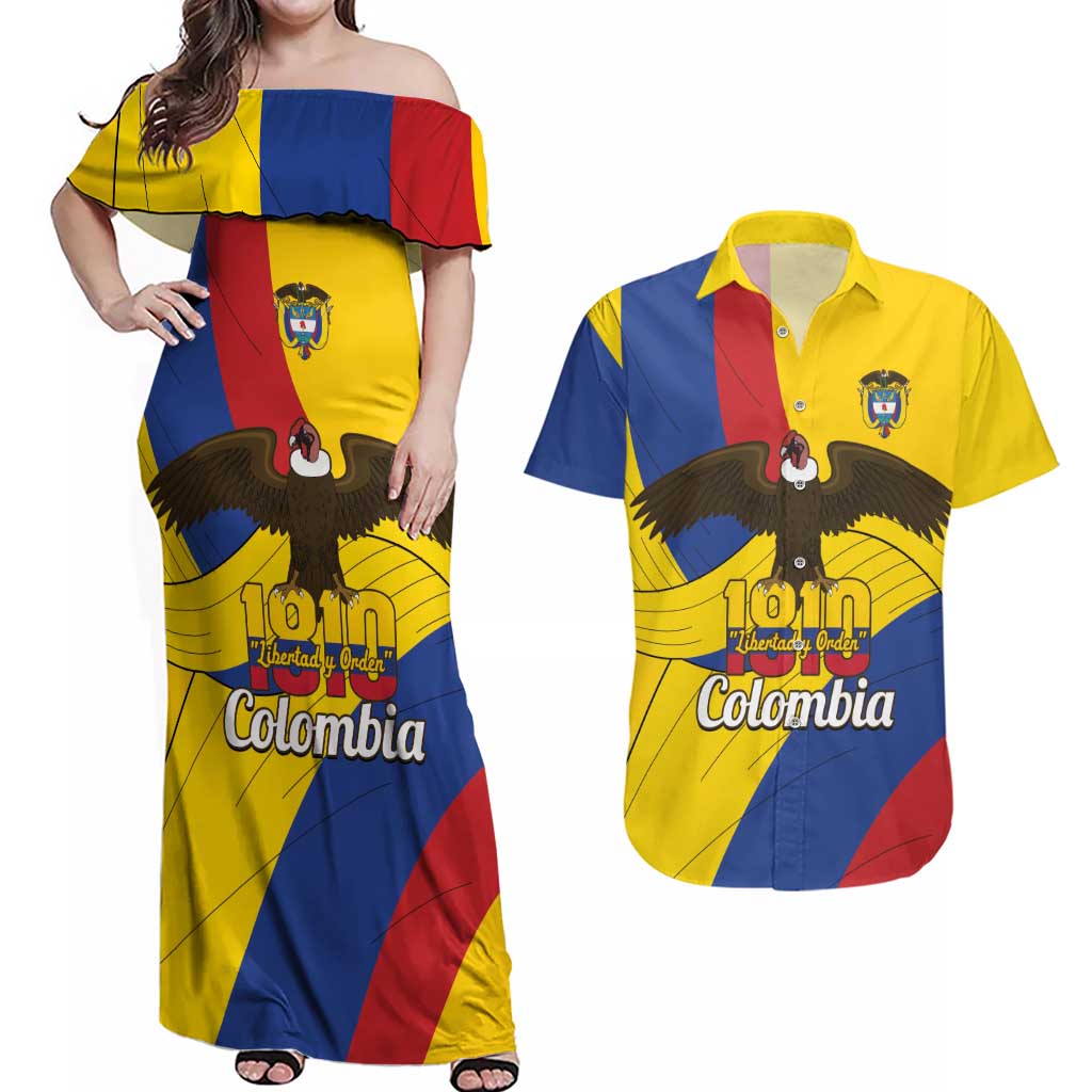 Personalised Colombia Independence Day Couples Matching Off Shoulder Maxi Dress and Hawaiian Shirt 1810 Libertad y Orden