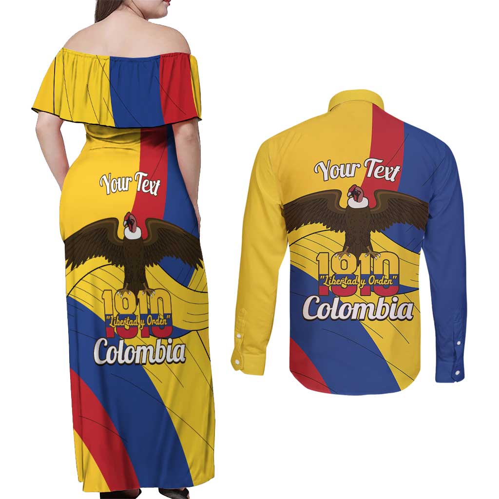 Personalised Colombia Independence Day Couples Matching Off Shoulder Maxi Dress and Long Sleeve Button Shirt 1810 Libertad y Orden