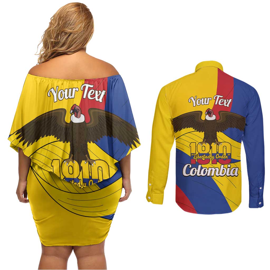 Personalised Colombia Independence Day Couples Matching Off Shoulder Short Dress and Long Sleeve Button Shirt 1810 Libertad y Orden