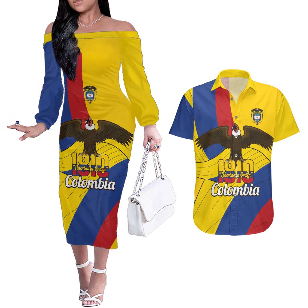 Personalised Colombia Independence Day Couples Matching Off The Shoulder Long Sleeve Dress and Hawaiian Shirt 1810 Libertad y Orden