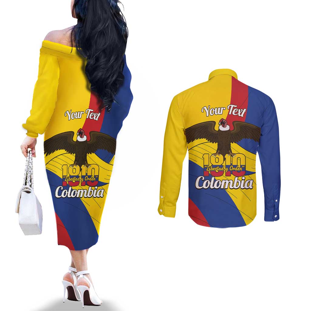 Personalised Colombia Independence Day Couples Matching Off The Shoulder Long Sleeve Dress and Long Sleeve Button Shirt 1810 Libertad y Orden