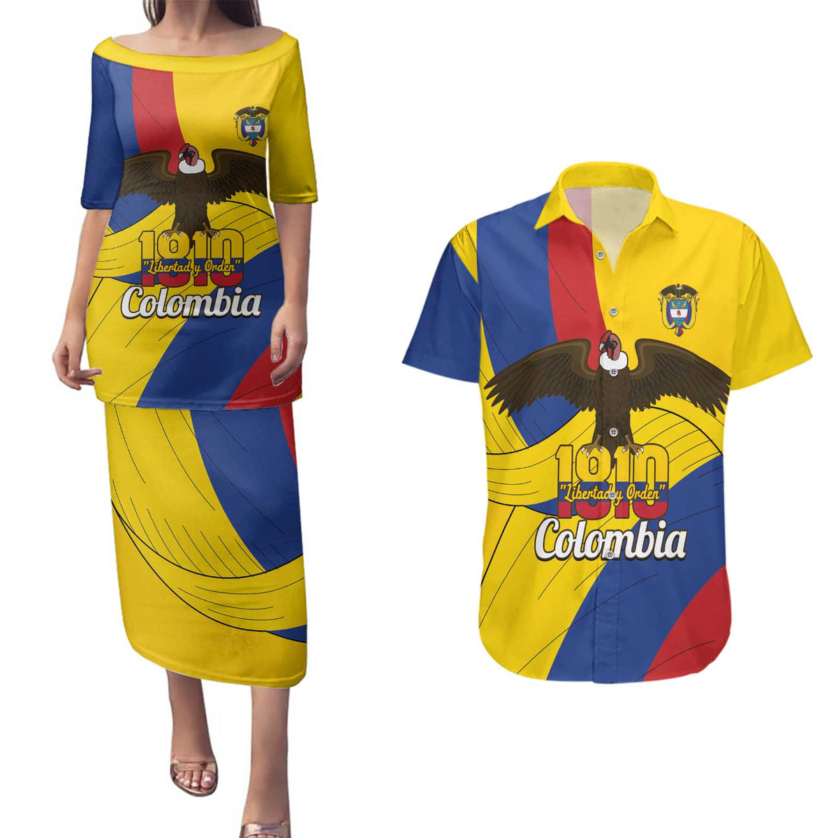Personalised Colombia Independence Day Couples Matching Puletasi and Hawaiian Shirt 1810 Libertad y Orden