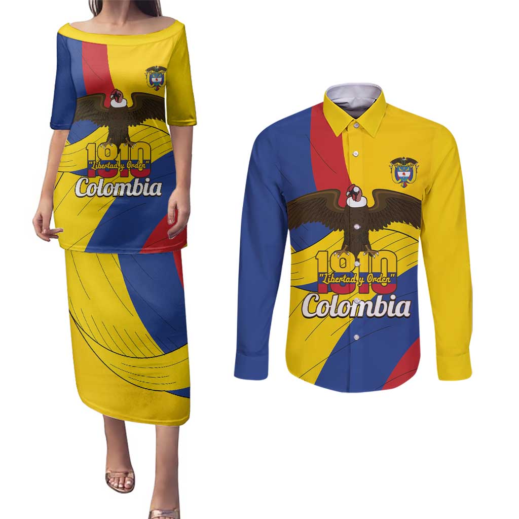 Personalised Colombia Independence Day Couples Matching Puletasi and Long Sleeve Button Shirt 1810 Libertad y Orden