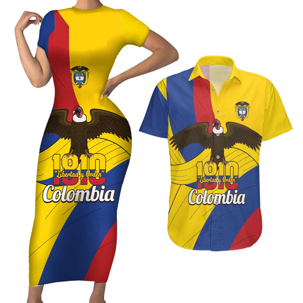 Personalised Colombia Independence Day Couples Matching Short Sleeve Bodycon Dress and Hawaiian Shirt 1810 Libertad y Orden
