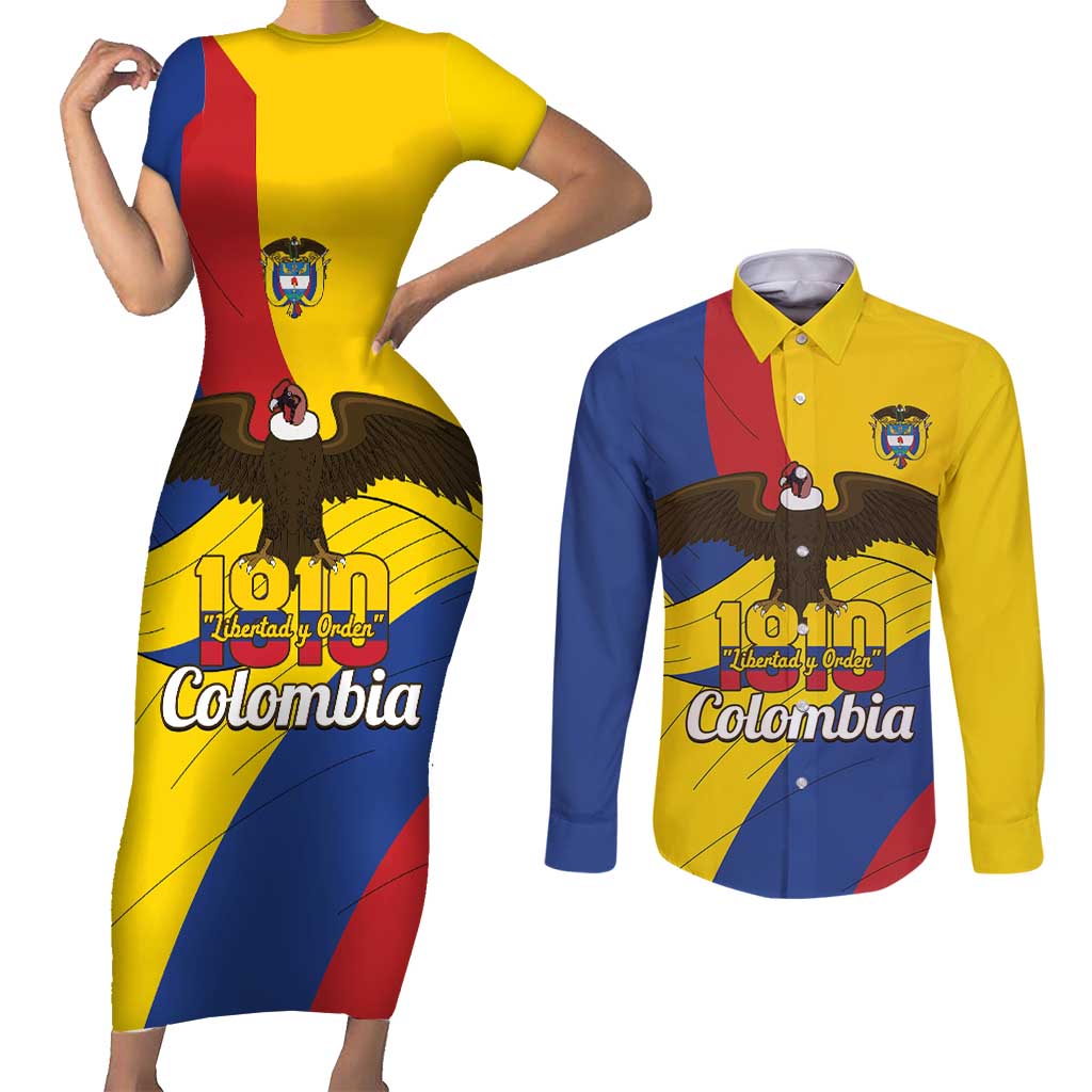 Personalised Colombia Independence Day Couples Matching Short Sleeve Bodycon Dress and Long Sleeve Button Shirt 1810 Libertad y Orden