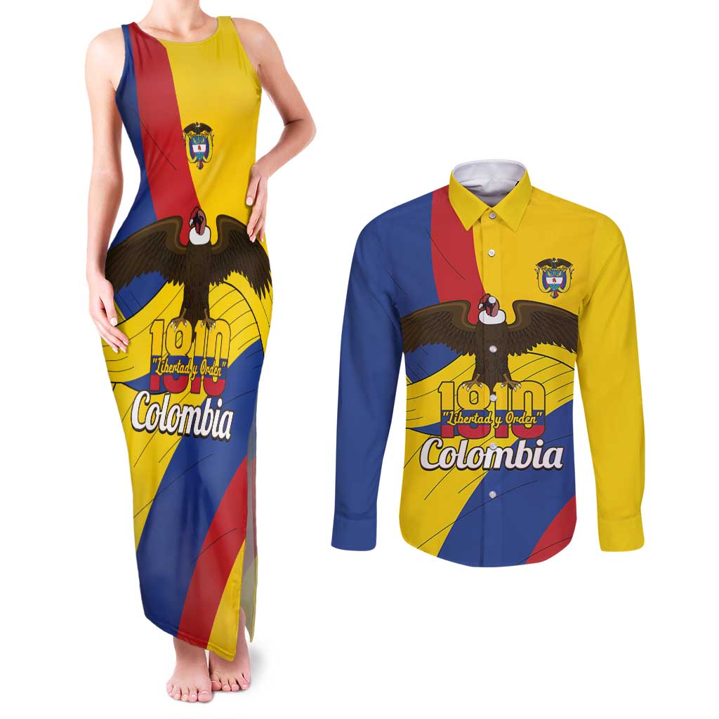 Personalised Colombia Independence Day Couples Matching Tank Maxi Dress and Long Sleeve Button Shirt 1810 Libertad y Orden