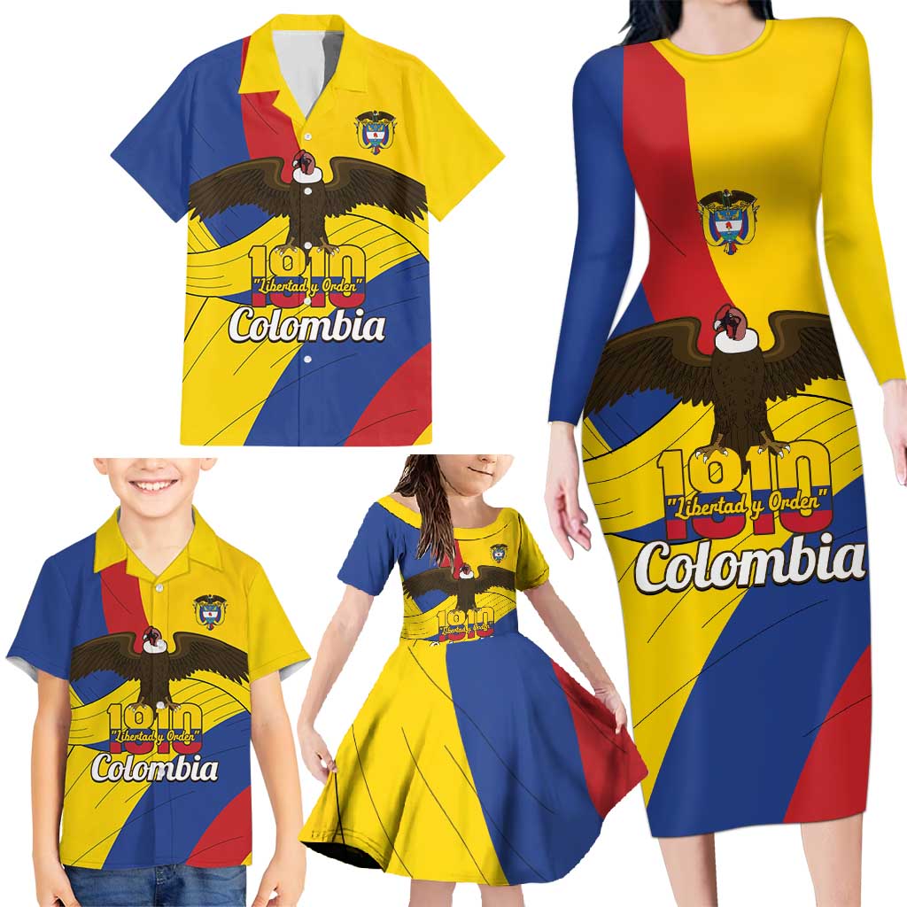 Personalised Colombia Independence Day Family Matching Long Sleeve Bodycon Dress and Hawaiian Shirt 1810 Libertad y Orden