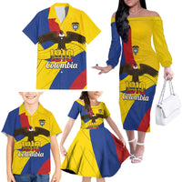 Personalised Colombia Independence Day Family Matching Off The Shoulder Long Sleeve Dress and Hawaiian Shirt 1810 Libertad y Orden