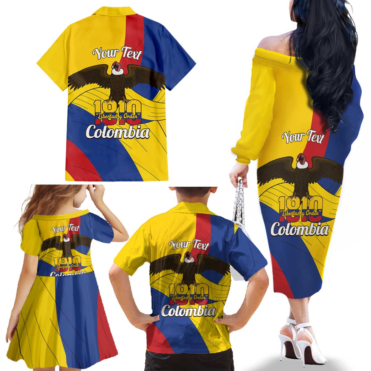 Personalised Colombia Independence Day Family Matching Off The Shoulder Long Sleeve Dress and Hawaiian Shirt 1810 Libertad y Orden