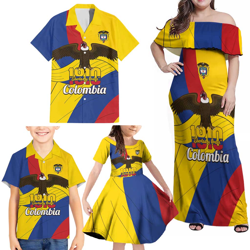 Personalised Colombia Independence Day Family Matching Off Shoulder Maxi Dress and Hawaiian Shirt 1810 Libertad y Orden