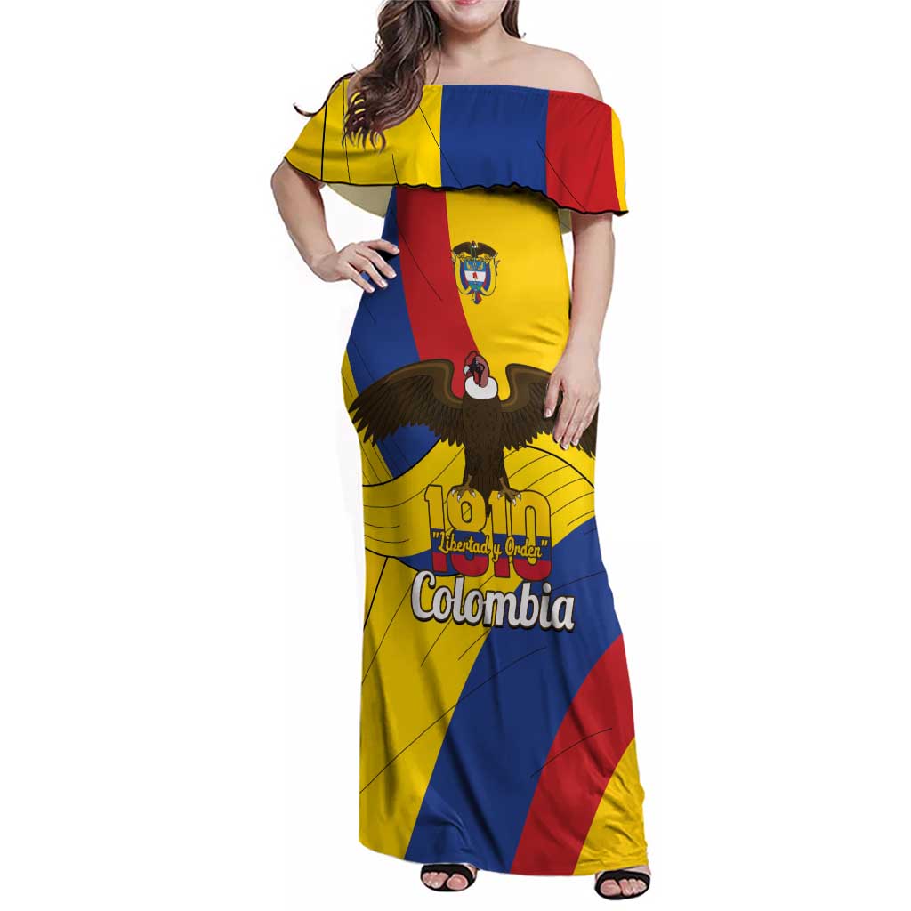 Personalised Colombia Independence Day Family Matching Off Shoulder Maxi Dress and Hawaiian Shirt 1810 Libertad y Orden