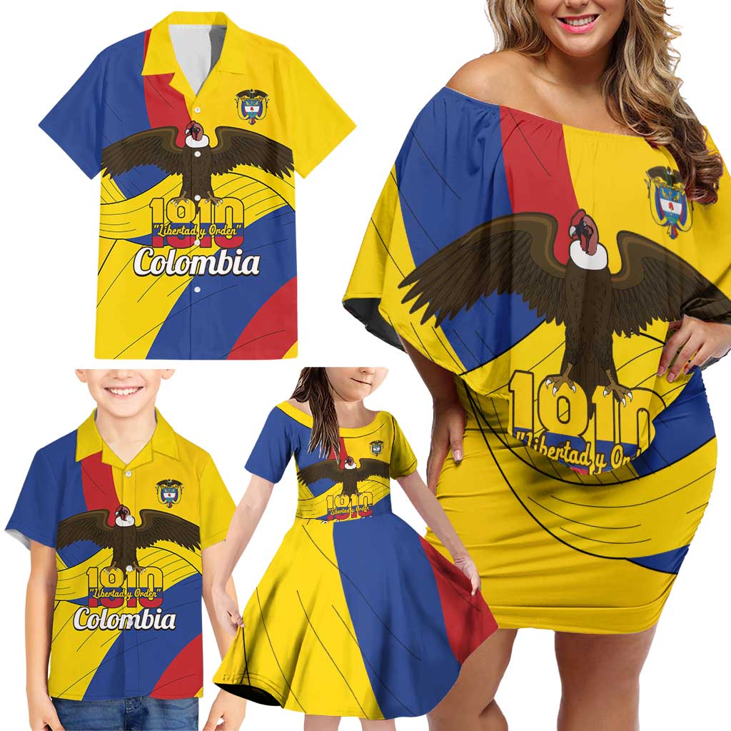 Personalised Colombia Independence Day Family Matching Off Shoulder Short Dress and Hawaiian Shirt 1810 Libertad y Orden