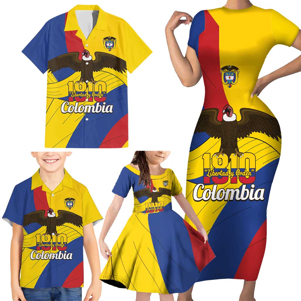 Personalised Colombia Independence Day Family Matching Short Sleeve Bodycon Dress and Hawaiian Shirt 1810 Libertad y Orden