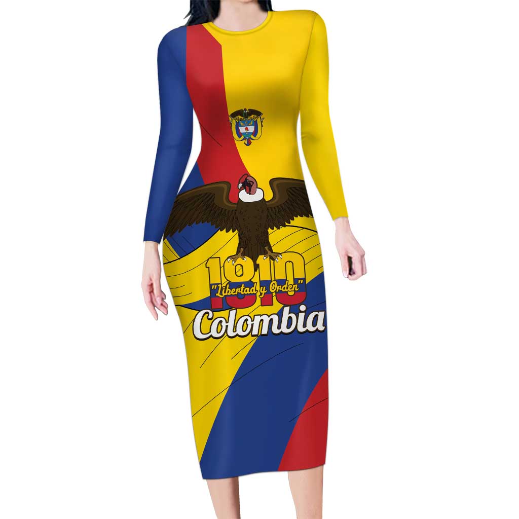 Personalised Colombia Independence Day Long Sleeve Bodycon Dress 1810 Libertad y Orden