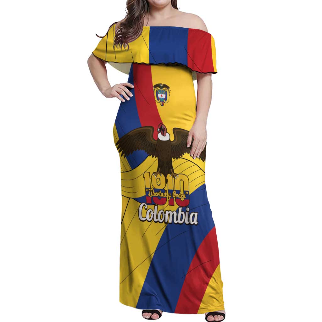 Personalised Colombia Independence Day Off Shoulder Maxi Dress 1810 Libertad y Orden