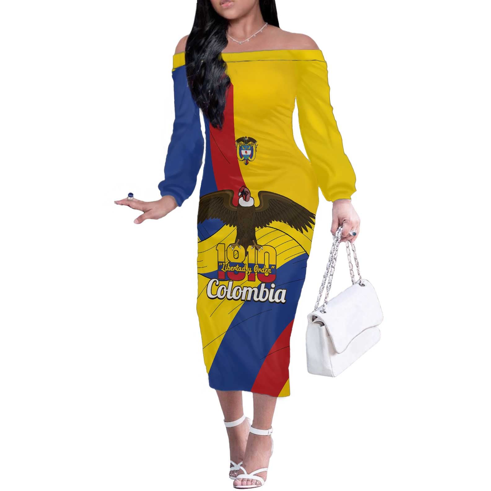 Personalised Colombia Independence Day Off The Shoulder Long Sleeve Dress 1810 Libertad y Orden