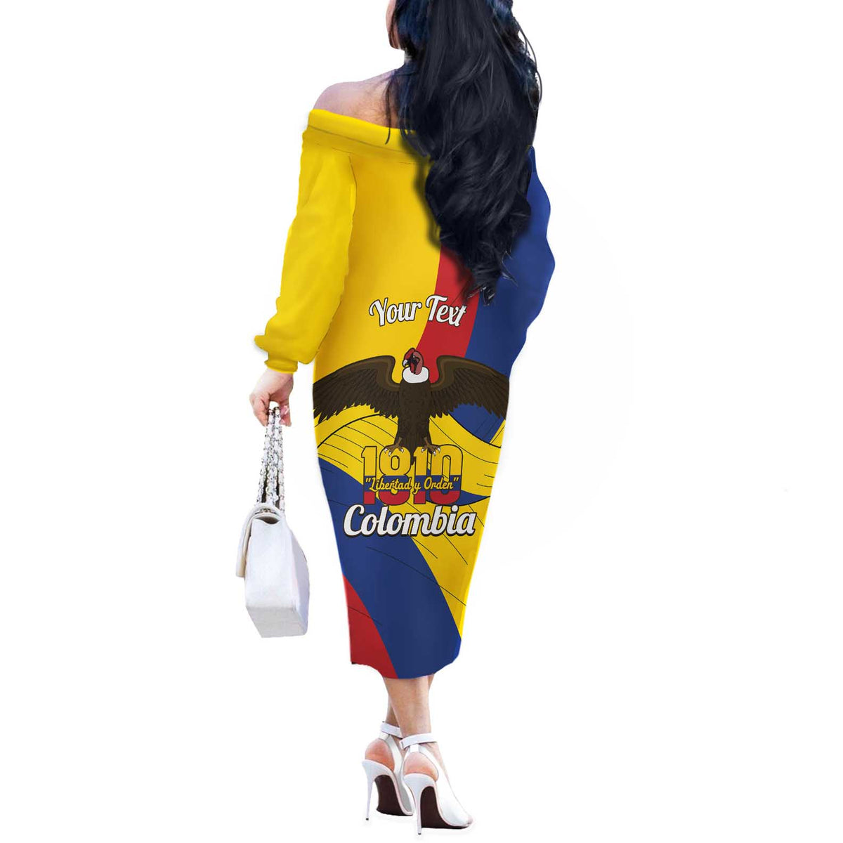 Personalised Colombia Independence Day Off The Shoulder Long Sleeve Dress 1810 Libertad y Orden