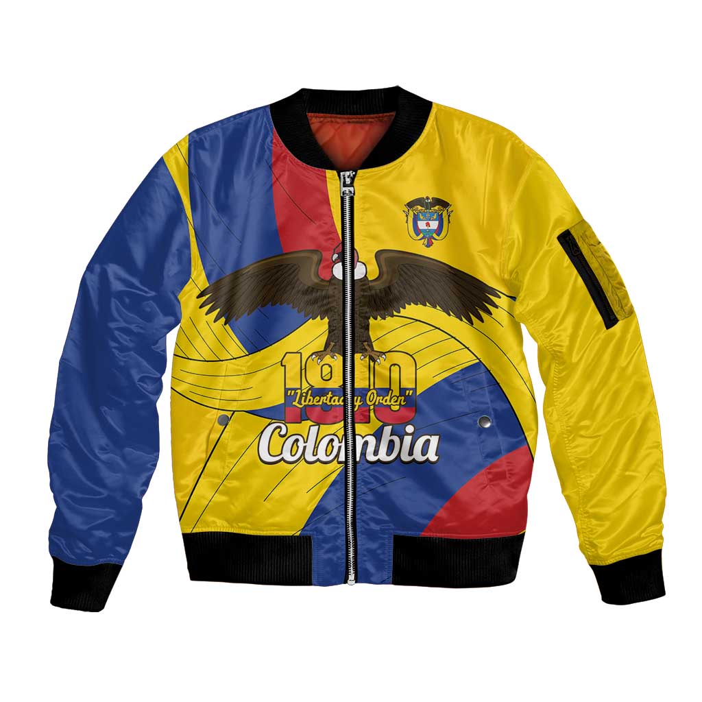 Personalised Colombia Independence Day Sleeve Zip Bomber Jacket 1810 Libertad y Orden