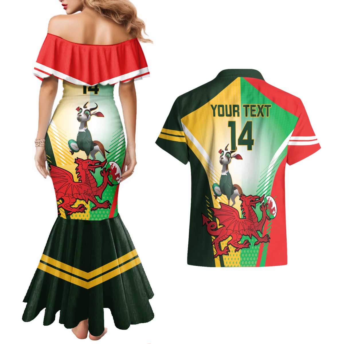 Custom South Africa And Wales Rugby Couples Matching Mermaid Dress and Hawaiian Shirt Springboks Welsh Mascots Dynamic Version - Wonder Print Shop